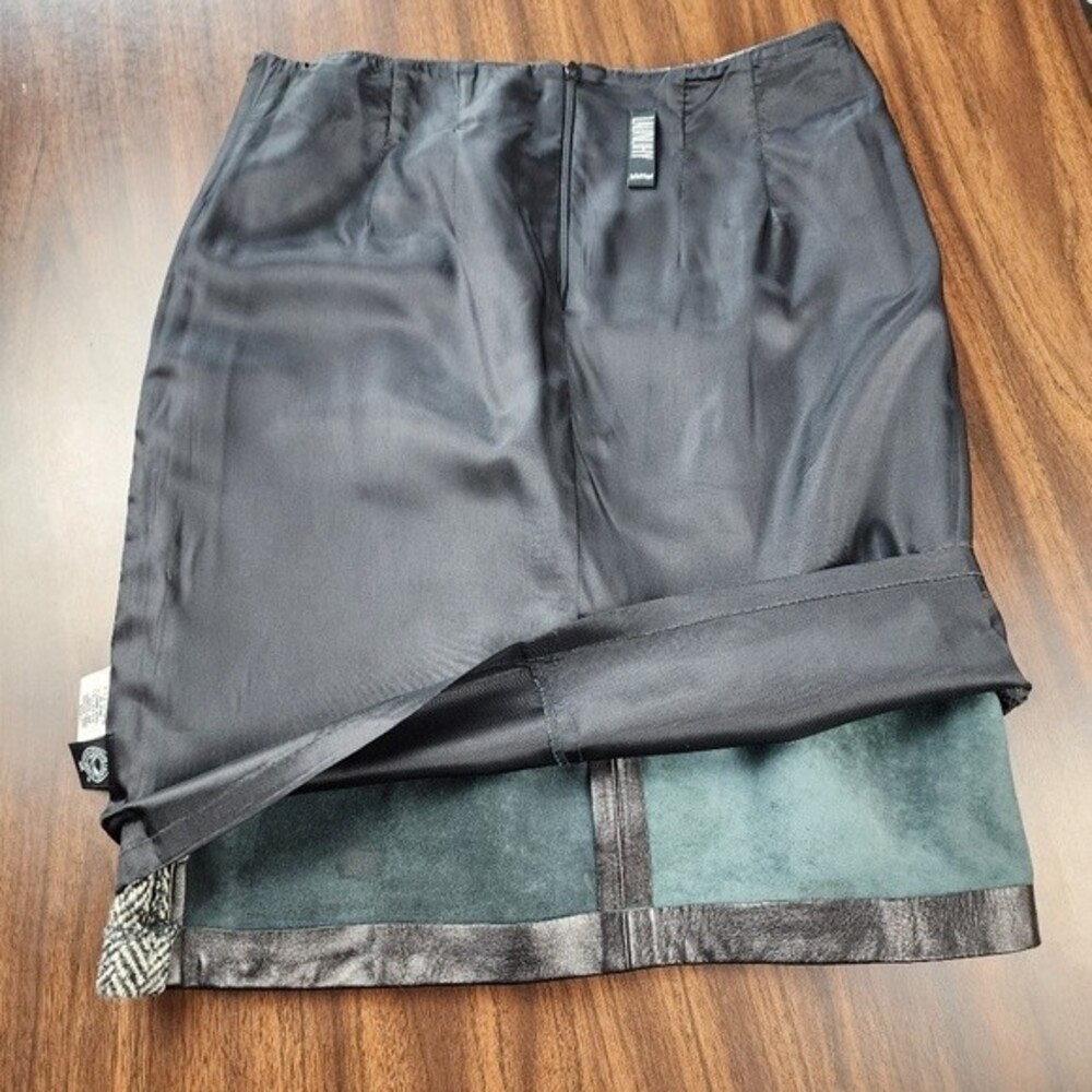 Vintage Laundry Shelli Segal Leather Wool Skirt 6 Herringbone Mixed Media 90s - Picture 8 of 15